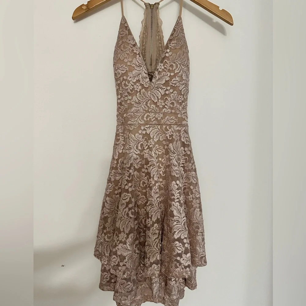Emerald Sundae by Macy’s khaki lace shimmer mini dress with zip up back NWT - Picture 1 of 17